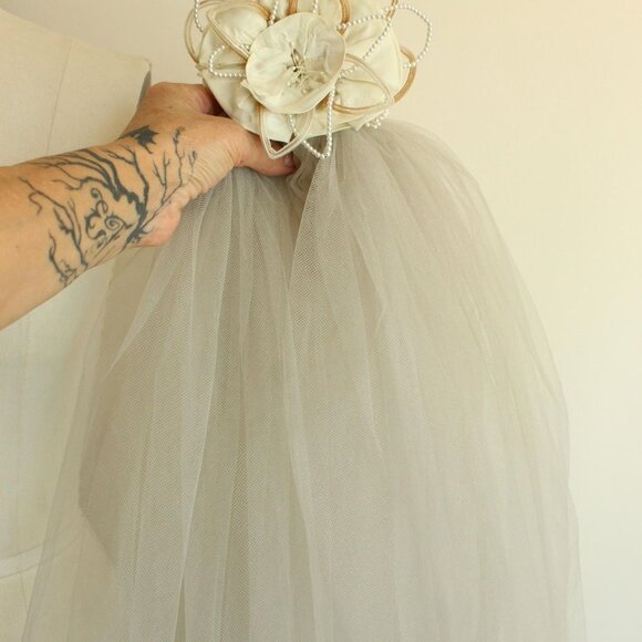 Vintage 1940s 1950s Bridal Veil With Tulle And Pearl Trim, Winter White Blusher - Picture 9 of 10